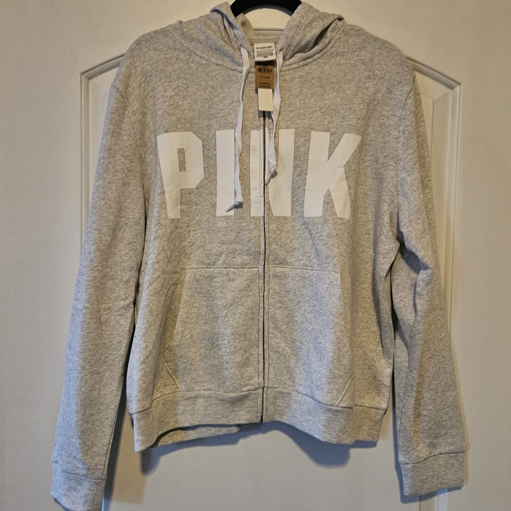 PINK Victoria's Secret Light Gray Hoodie with White Lettering